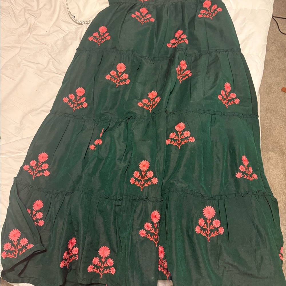 Madison Green Maxi Skirt with Pink Floral Design